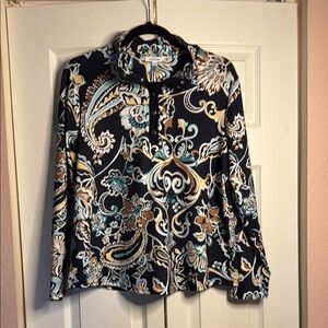 Chico's Floral Paisley Zenergy Top - Black, White, Gold, teal size 2 (large)